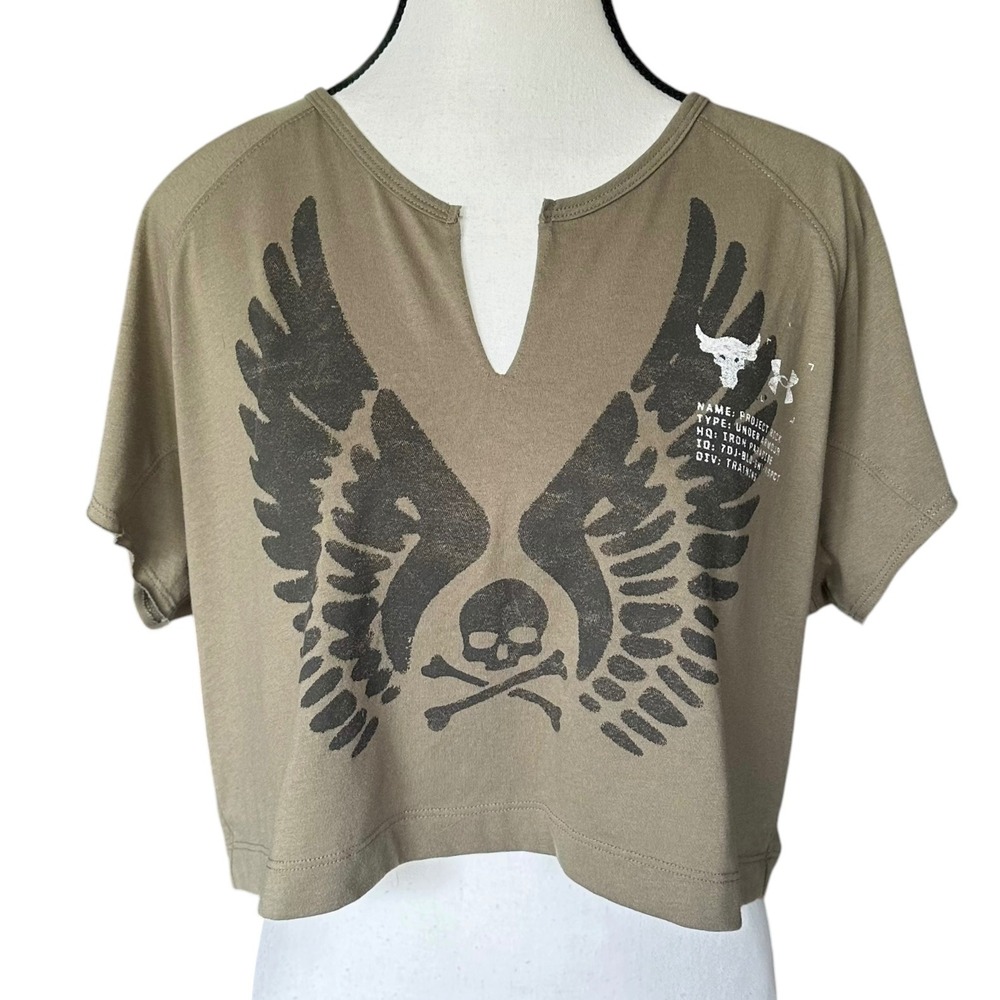 Under Armour Project Rock Green Skull Wings Crop Training T-Shirt Womens XS